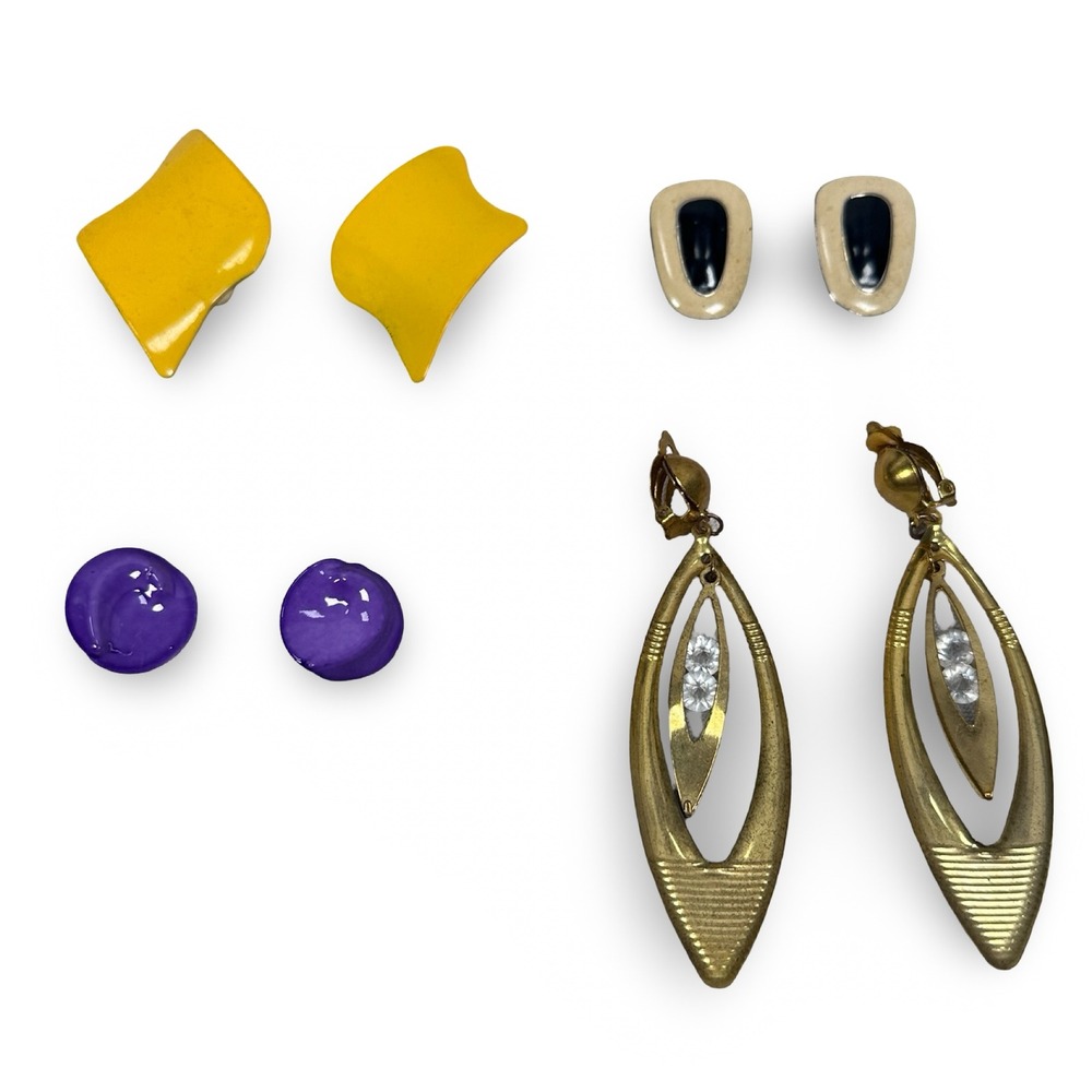 Vintage Clip On‎ Earrings Set 4 Pairs Yellow Purple Enamel Gold Tone Rhinestone
